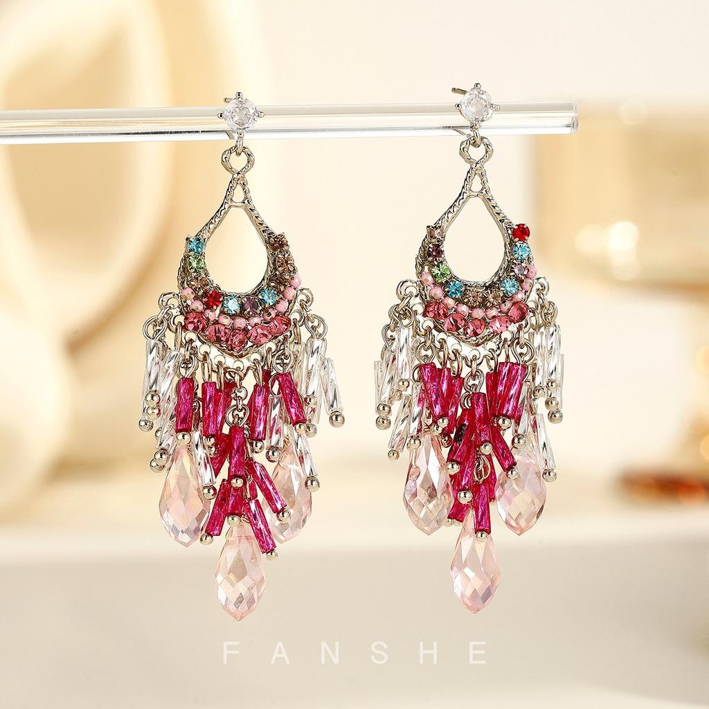 Retro Heavy Industry Crystal Fringed Earrings Personality Exaggeration Silver Needle Earrings Long Light Luxury Premium Ethnic Style Earrings