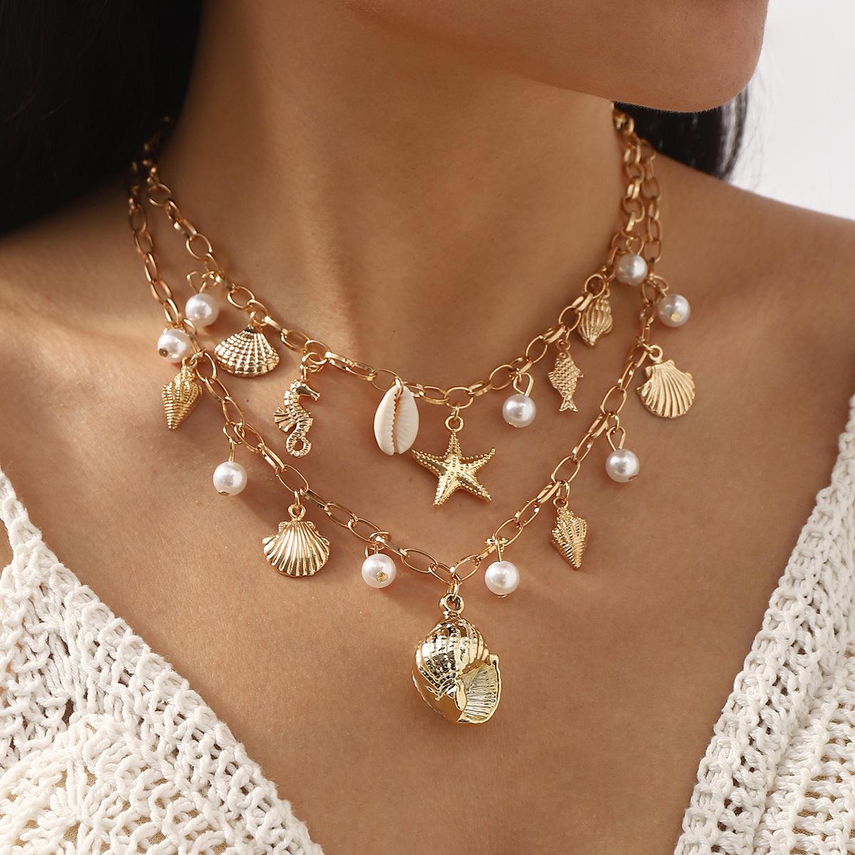 

Tooxika Ocean Style Pearl Tassel Necklace Beach Starfish Shell Pendant Necklace
