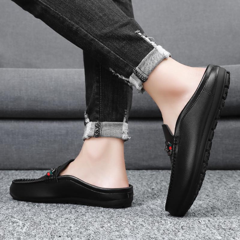 Male Shoes All-match Muller Shoes Men Leather Fashion Half Slipper Summer Men Loafers Flats Slippers for Outdoor Walking Shoes