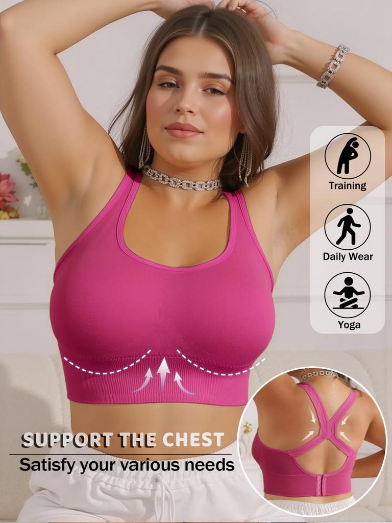 Plus Size Racerback Sports Bra for Women, High Support Wireless Workout Bra with Back Closure, Seamless Yoga Bra