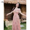 French Style Summer Women Fairy Pink Midi Dress Slash Neck Floral Print Lace Patchwork Dress Off Shoulder Elegant Feminine Dress