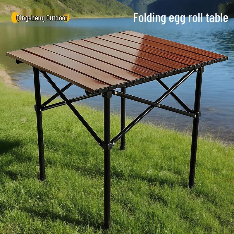 1.2m Walnut Round Folding Camping Table - Carbon Steel, Roll-Up, Portable BBQ Table