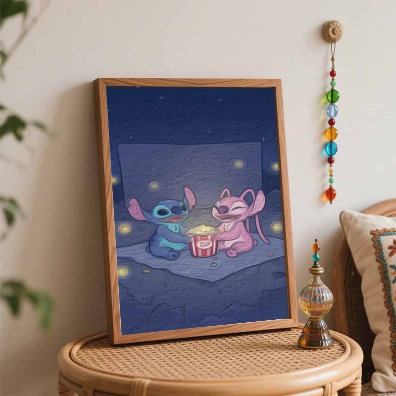 Disney Stitch and Angel eating popcorn oil painting art set handmade diy gift home decoration