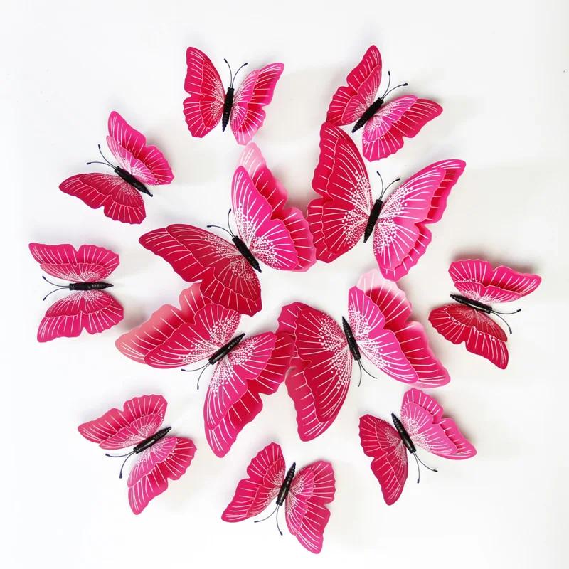 12 Peças Sete Cores Sólidas Camada Dupla Borboleta 3D Adesivo de Parede Para Casamento Decoração de Casa Borboletas Magnéticas Adesivos de Geladeira