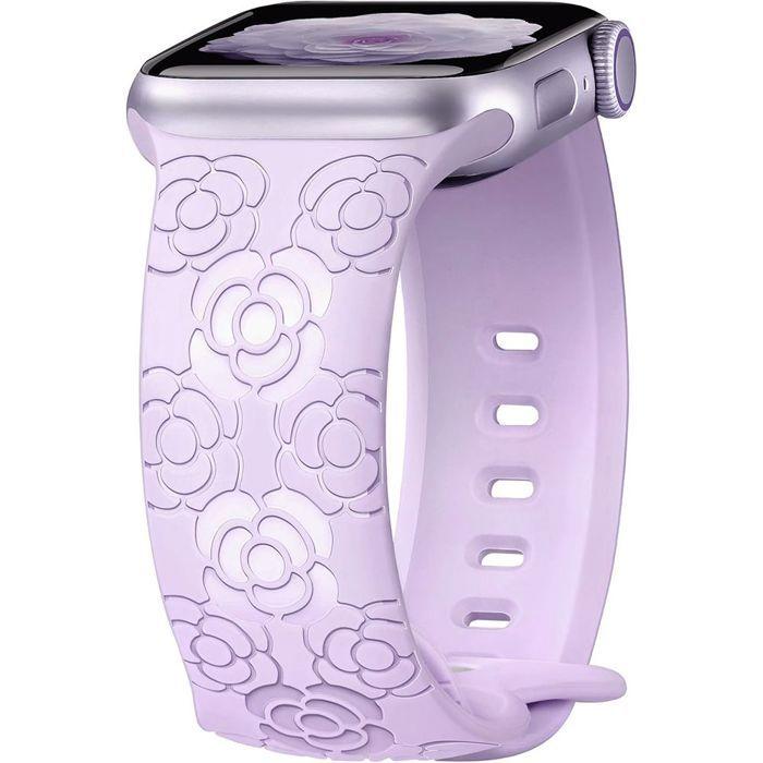 Bracelet pour Apple Watch Series Ultra 2/3, 11, 10, 9 8 SE 7 6 5 4 3 2 1 46mm-45mm-44mm-42mm-49mm Silicone Motif Floral Lavande
