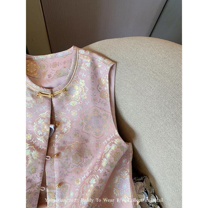 2025 early spring buckle satin embroidered jacquard vest, sleeveless top, vest for women