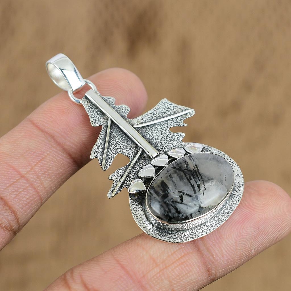 Natural Black Rutile Gemstone Pendant 925 Sterling Silver Jewelry For Girls