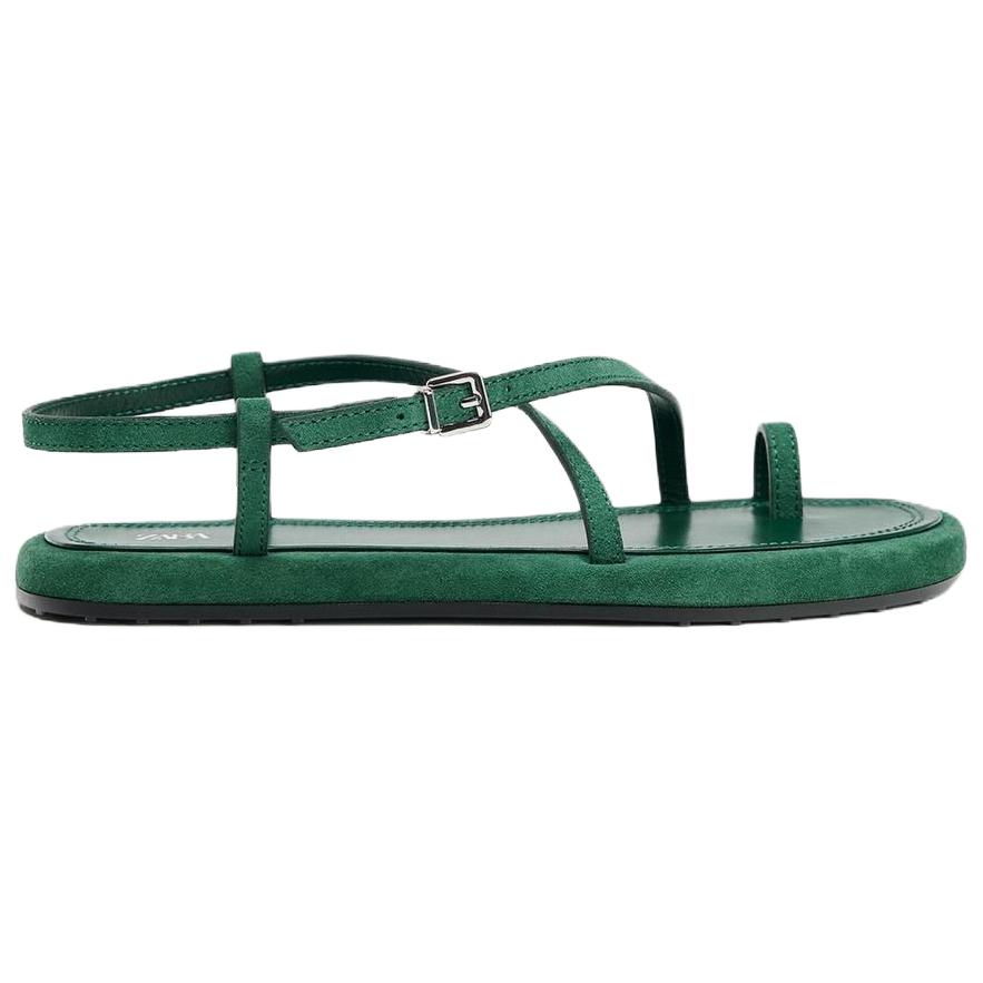 Zara Leather Open Toe Fashion One Strap Sandals 1.5cm Women Sandals Green 2639510500