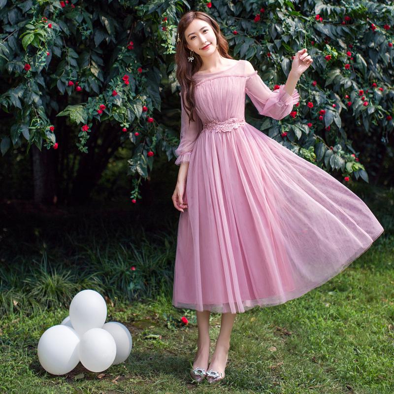 2025 New Off-the-Shoulder Bridesmaid Dress: Mid-Length, Slimming, with Fairy Charm for Special Occasions.