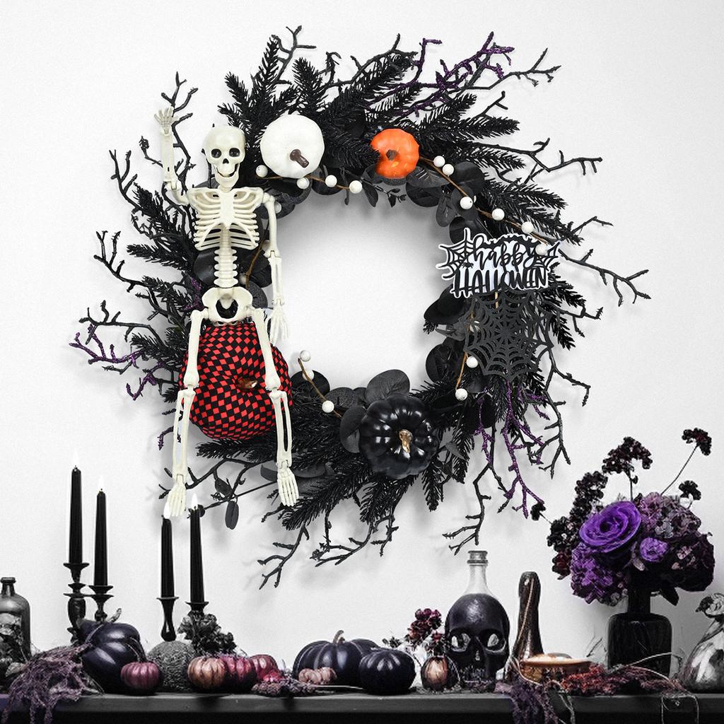 1PC HALLOWEEN wreath Simulated Skull Halloween Haunted house horror party decoration Door hanging purple wreath and rattan ring