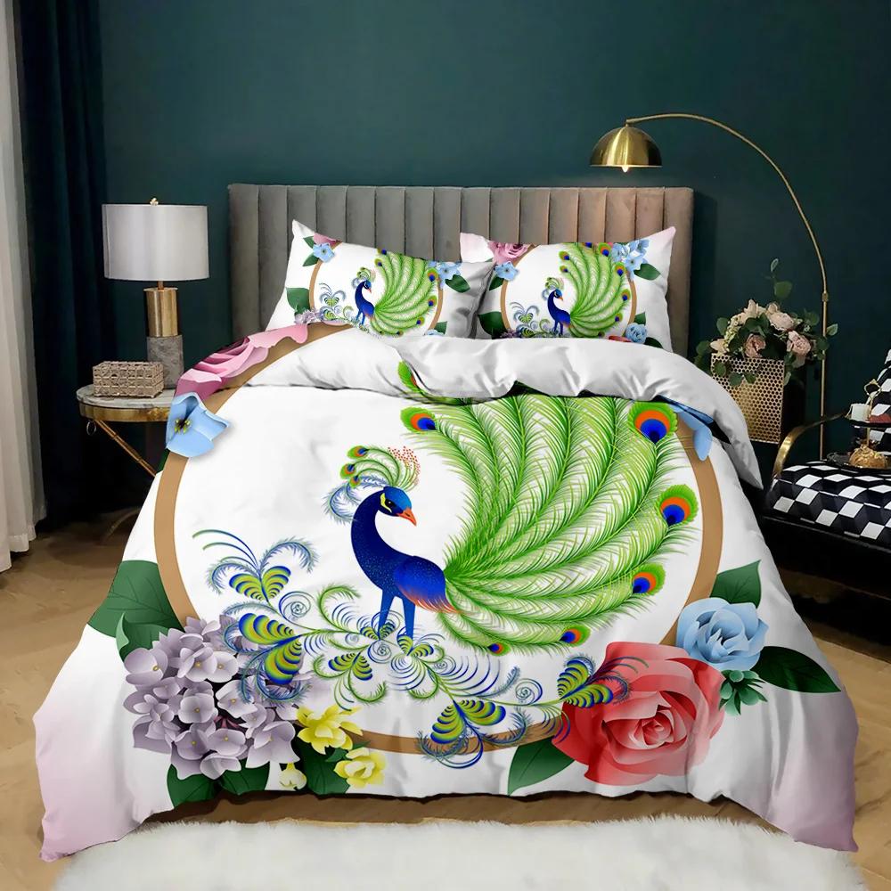 Påfugn Dynetrekksett Elegant Nydelig Blå Fjær Dynetrekk Jenter Kvinner Rosa Blomst Fugler Dyr Polyester Dyne Trekk