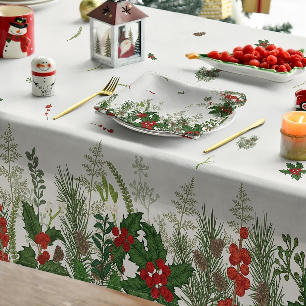 Christmas Holly Berries Pine Leaves Waterproof Tablecloth Table Decor Winter Xmas Kitchen Dining Tablecloth Christmas Decoration