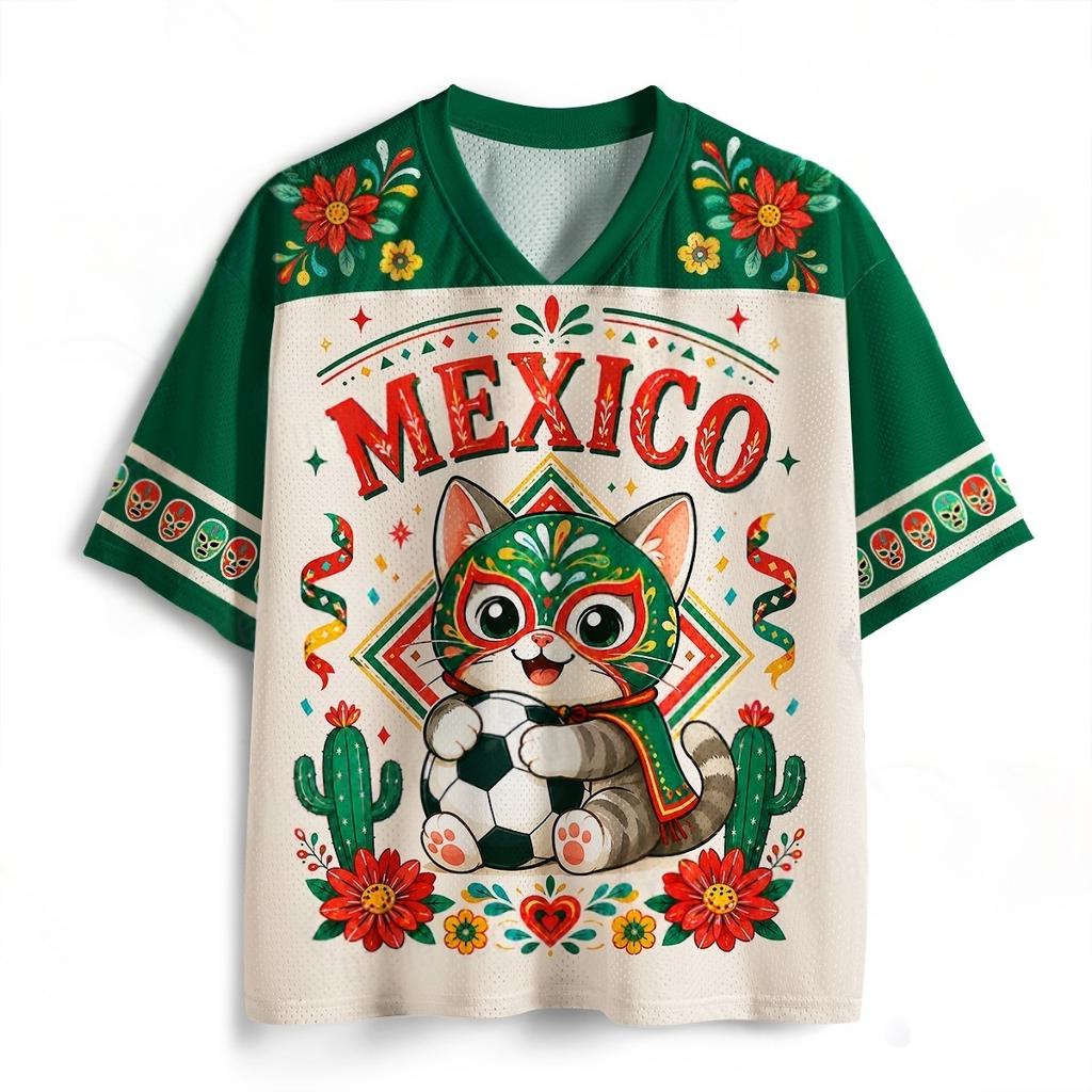 MEXICO Wrestling Mask Cartoon Cat Cactus Flower 3D Printed Supporting Jersey Adult Breathable Loose T-shirt