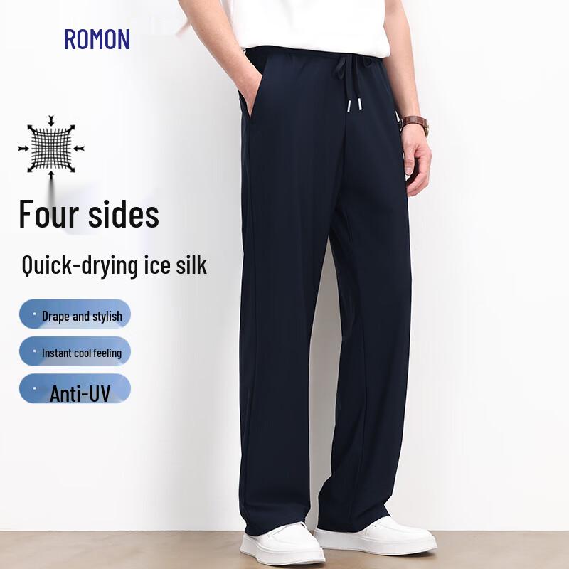 Men s High-Elastic Ice Silk Cool Straight Casual Pants 2XL темно-синий
