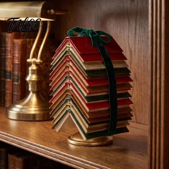 Vintage Hardcover Book Stack Figurine Stacked Christmas Tree Tabletop Decor, Resin Page Ornament for Home Creative Literature Themed Xmas Gift Office