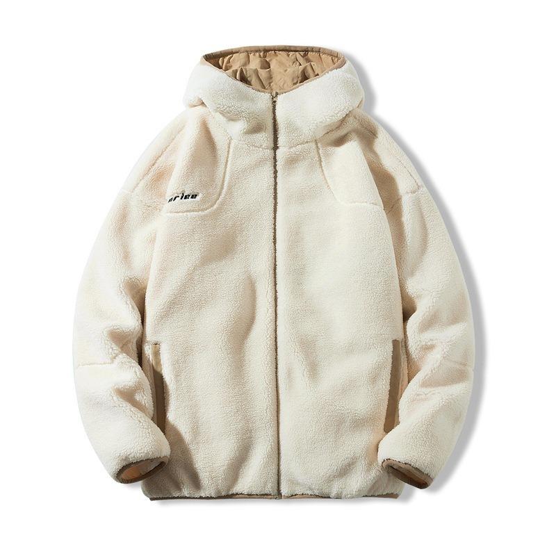 Cotton-padded Men's Winter Lamb Wool Coat Men's Letter Fleece Thickened Loose Lamb Fleece Hooded Plush Cotton Suit Tide