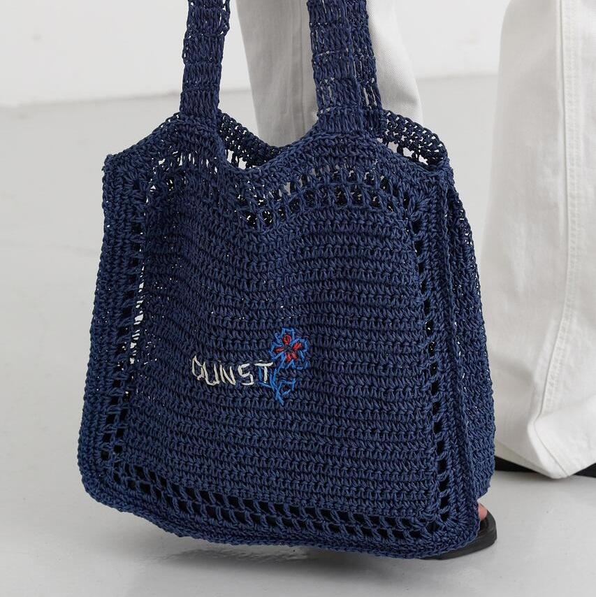 Dunst Hand Drawing Bloom Bag — Handmade Paper Yarn Shopper with Floral Embroidery | Korean Designer Brand | 2 Colours: Navy / Natural Cream