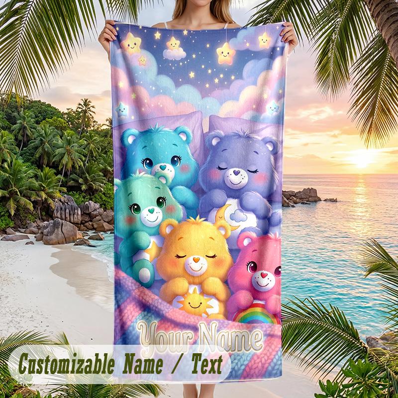 Ručník Care Bears na pláž, Personalizovaný vlastní text, Rychleschnoucí měkký velký ručník pro bazén, cestování