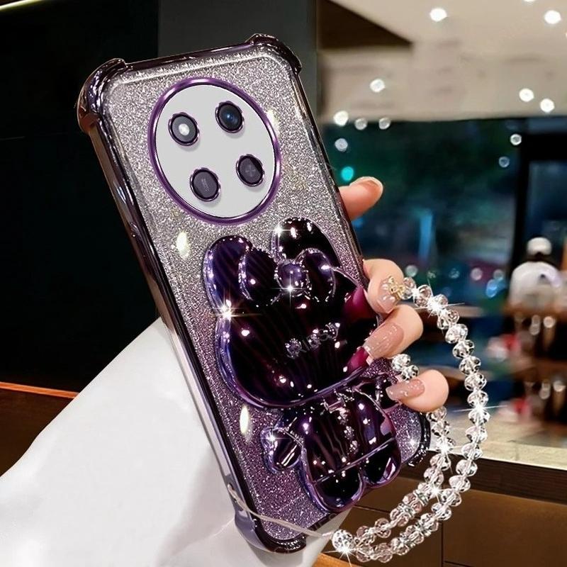For Honor Magic 7 6 5 4 Lite 3 Pro Plating Four Corners Anti-fall Silicone Soft Case Mirror Rabbit Stand Clear Bead Chain Cover