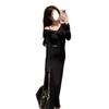 Black waist off-the-shoulder long-sleeved dress women's autumn new design sense slim waist temperament long skirt