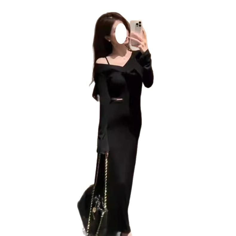 Black waist off-the-shoulder long-sleeved dress women's autumn new design sense slim waist temperament long skirt