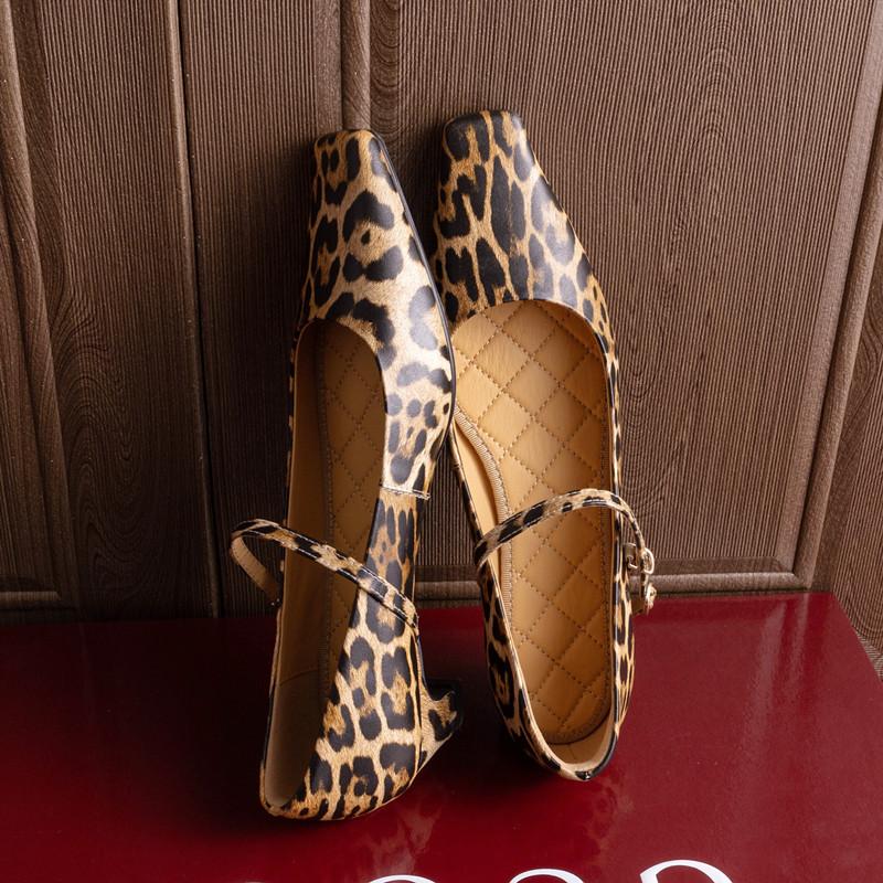 Fashion 2024 New Spring Women Pumps Leopard Print Square Toe Genuine Leather Women Shoes Mary Janes Black Kid Suede Ladies Shoes