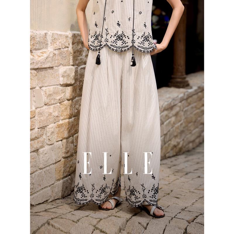 ELLE Women s Embroidered Striped Wide-Leg Casual Pants XL