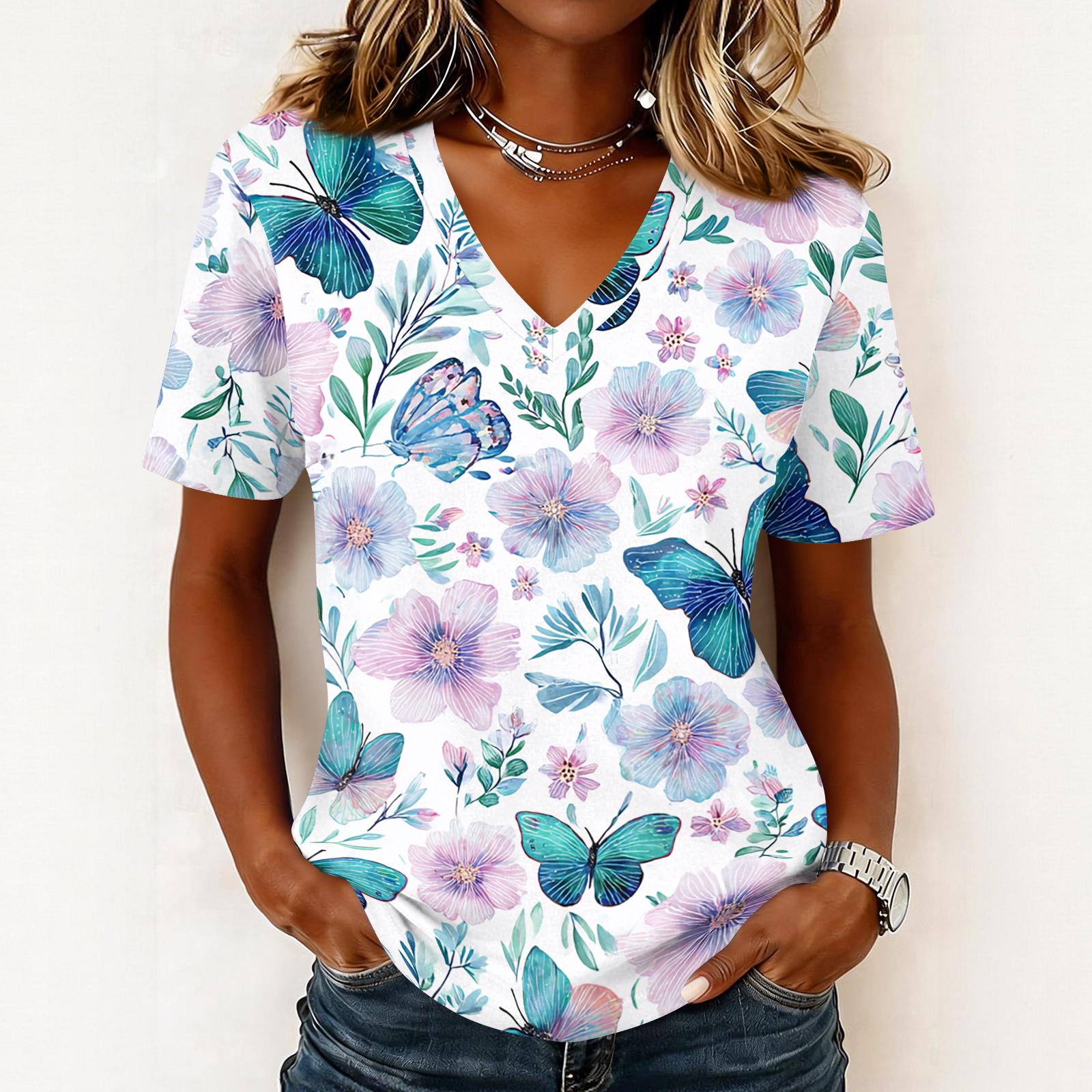 Women s fashionable casual short-sleeved floral print V-neck pullover top L