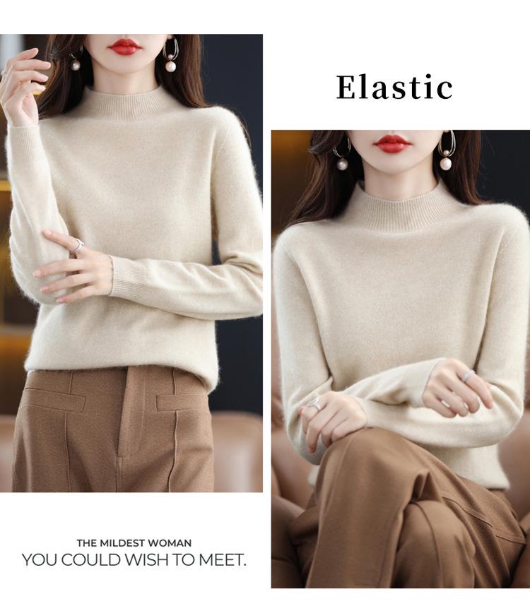 Women's Seamless Wool Knit Sweater - Short, Loose, Half-High Neck, Solid Color for Autumn and Winter
