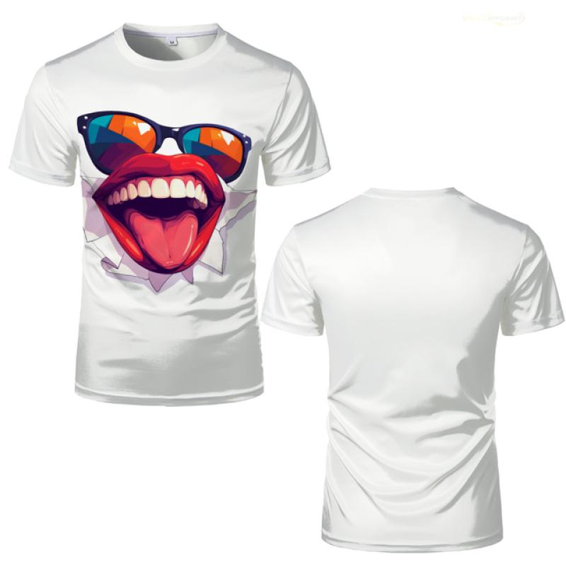 T-Shirt mit lebhaftem Cartoon-Lippen- und Sonnenbrillen-Aufdruck – modisches weißes Unisex-Kurzarm-T-Shirt im Hip-Hop-Stil für Männer