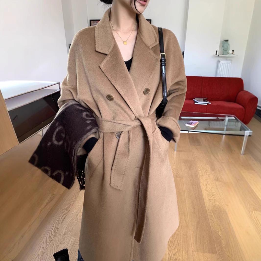 

Wide-Stitch Double-Breasted Alpaca Wool Coat with Belt Large
