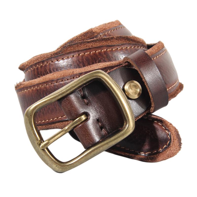 Herren Messing Dornschließe Gürtel Retro Leder Persönlichkeit Gürtel Erste Schicht Rindsleder Falte Herren Jeansgürtel Luxus Trend Designer Gürtel