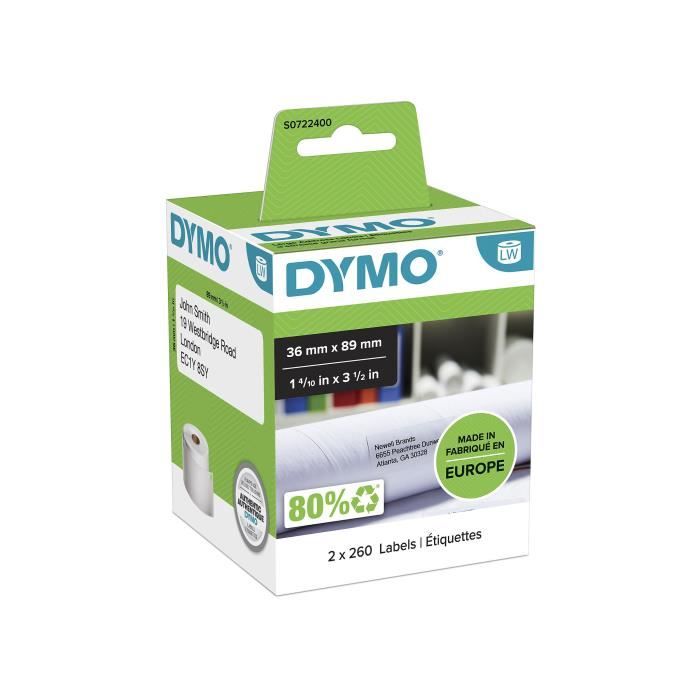 DYMO LabelWriter Box of 2 Rolls of 260 Large Format Address Labels 36mm X 89mm (Post Office Format)