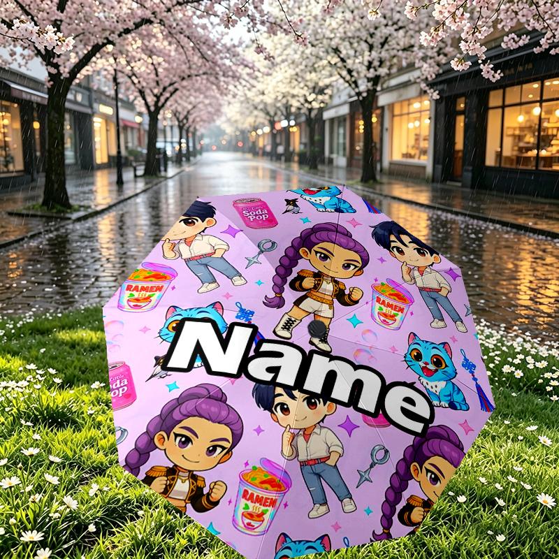 Custom Name Personalized KPop Demon Hunters Print Umbrella, Auto Open Close, 8‑Rib Sturdy Frame, Commute Camping Hiking Use, Birthday Gift