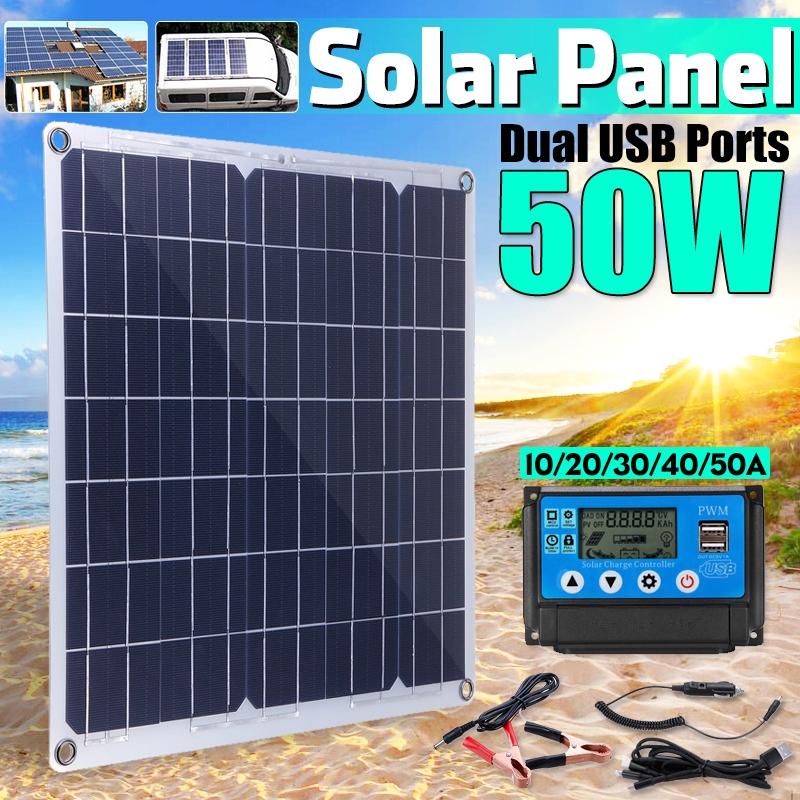 

50W Solar Panel Car Charger Dual USB Ports Outdoor Charger Power With USB Cable plate