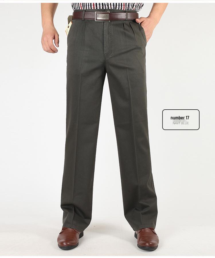 Pantaloni Casual de Vară din Bumbac cu Croială Largă pentru Bărbați - Talie Înaltă, Picior Drept, Cu Pliuri Duble pentru Bărbați de Vârstă Mijlocie și Vârstnici