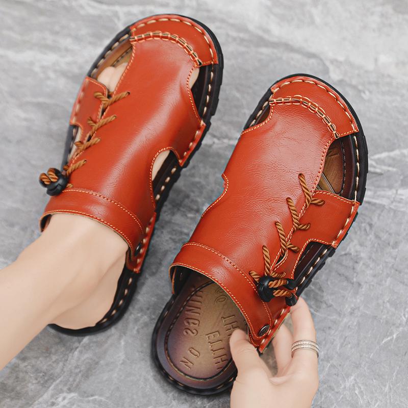Men Leather Water Beach Sandals Summer Outdoor Casual Closed Toe Sports Sandals Non Slip Soft Hiking Wading Sneakers Comfortable