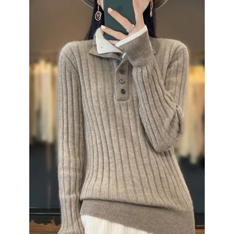

100% Pure Wool Fake Two-Piece Half Open Polo Collar Sunken Stripe Bottoming Cashmere Sweater Outwear Pullover Sweater Dyzm932 Raw Velvet camel XL