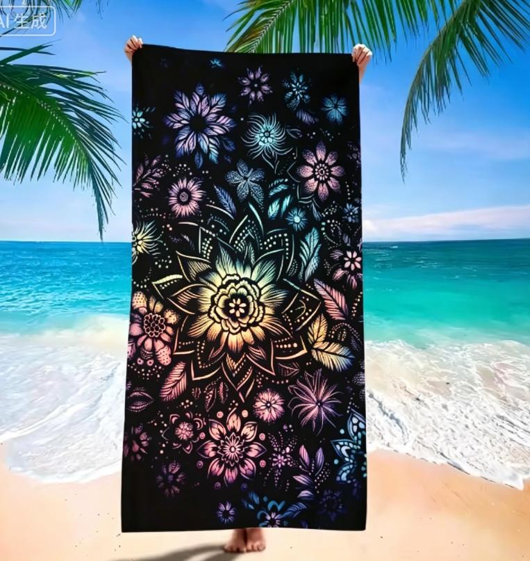 Bohemian Mandala Flower Beach Towel with Black and White Flower Design Beach Blanket for Home Decoration Bedroom and Living Room