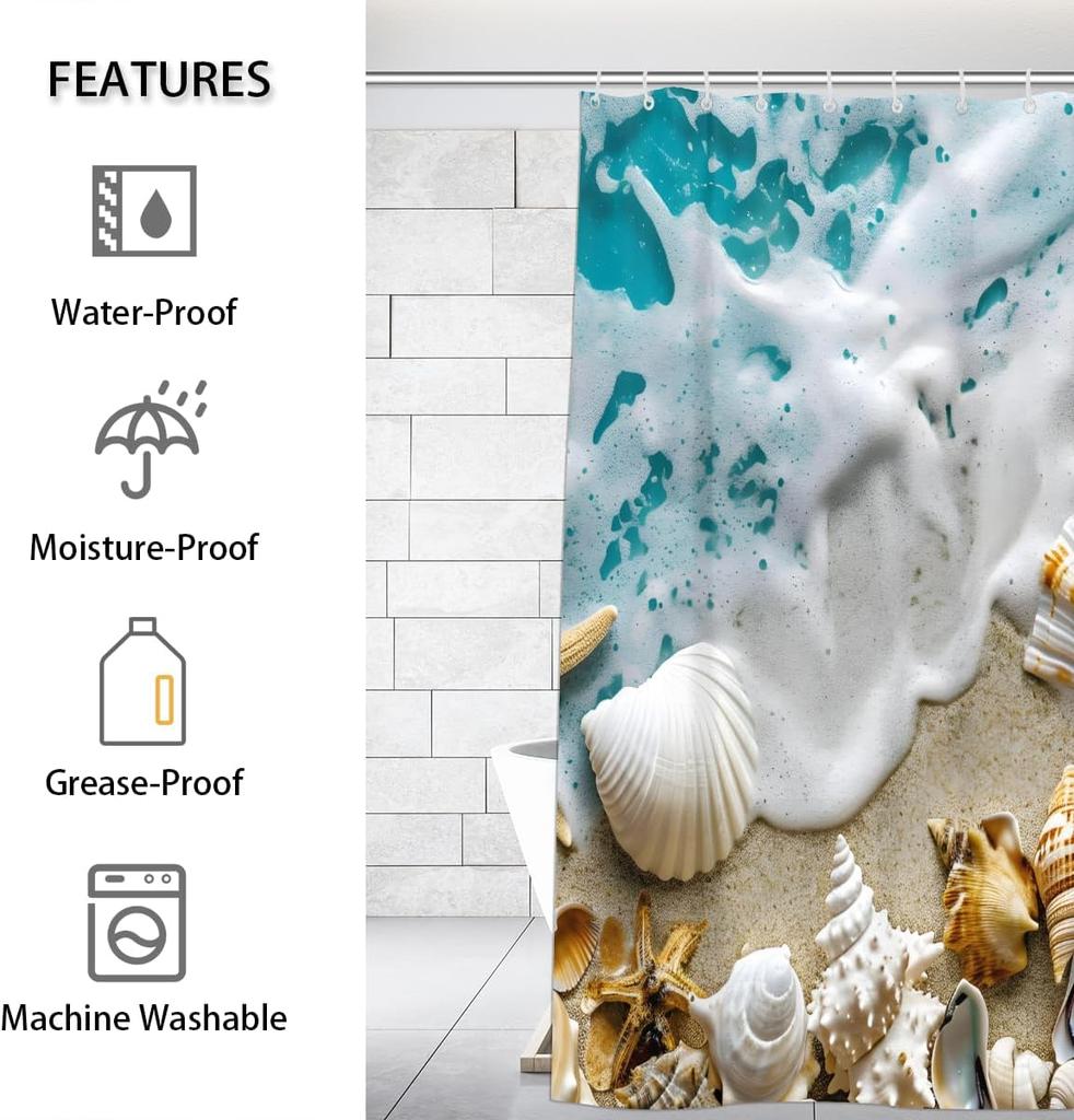 Beach Sea Waves Shell Starfish Shower Curtains 72x72 Inch Snowman Xmas Tree Bathroom Shower Curtain Set with 12 Hooks, Polyester