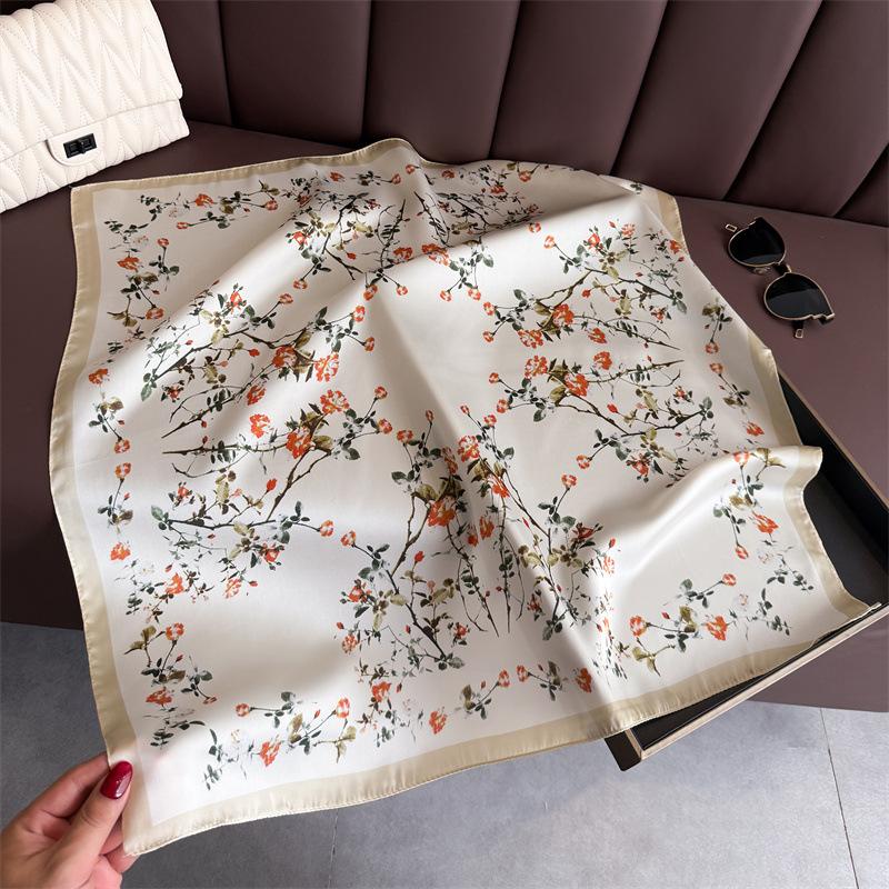 Luxury Floral Print Square Scarf Women Soft Satin Hairband Neckerchief Office Hijab Headband Foulard Bag Ribbons Gift