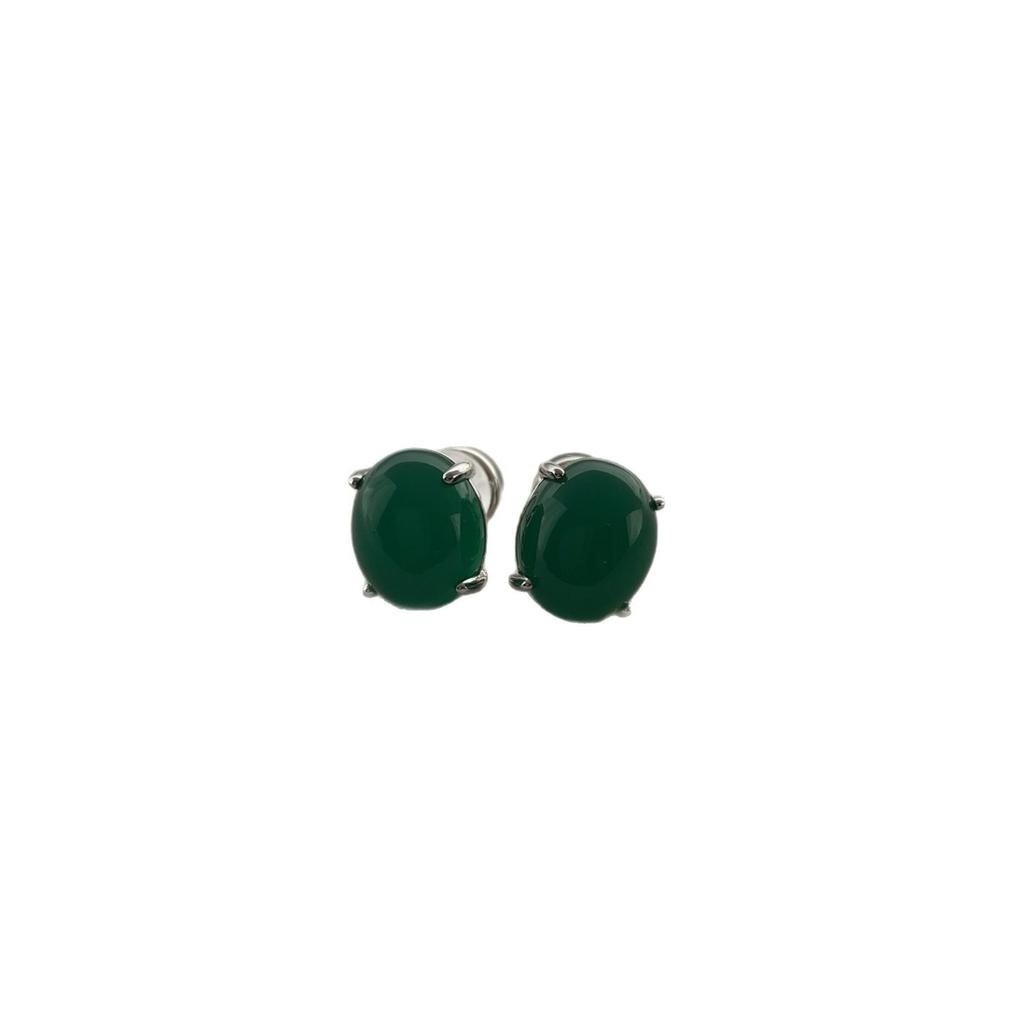 Summer New Emerald Earrings Chinese Style Natural Chalcedony Agate Beauty Egg Surface Premium Stud Earrings
