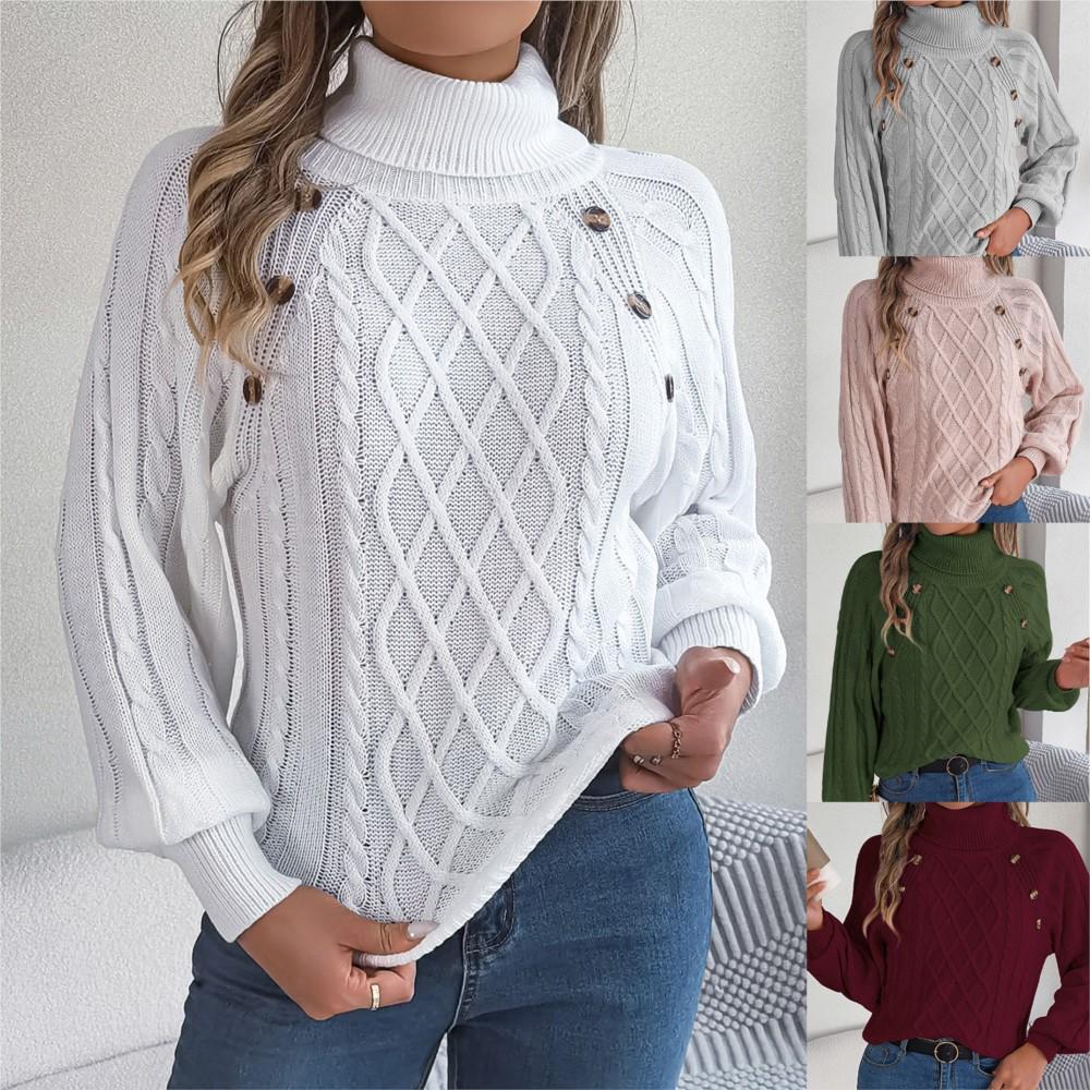 Autumn Winter Women Casual Turtleneck Sweater Buttons Long Sleeve Knitted Pullovers M серый