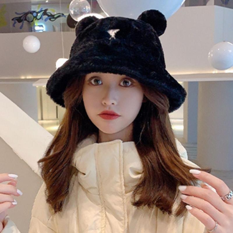 Autumn And Winter Fisherman Hat Women'S Bear Ears Plush Hat Korean Version Cute Soft Warm Plus Velvet Thickened Basin Hat
