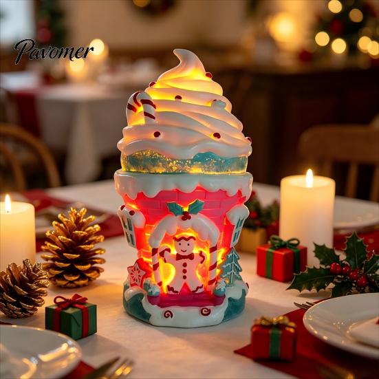 Illuminated Miniature Village House Lighted Ice Cream Christmas Figurine, Candy Gingerbread Decor with LED Whimsical Cabin Ornament Light, Warm Light