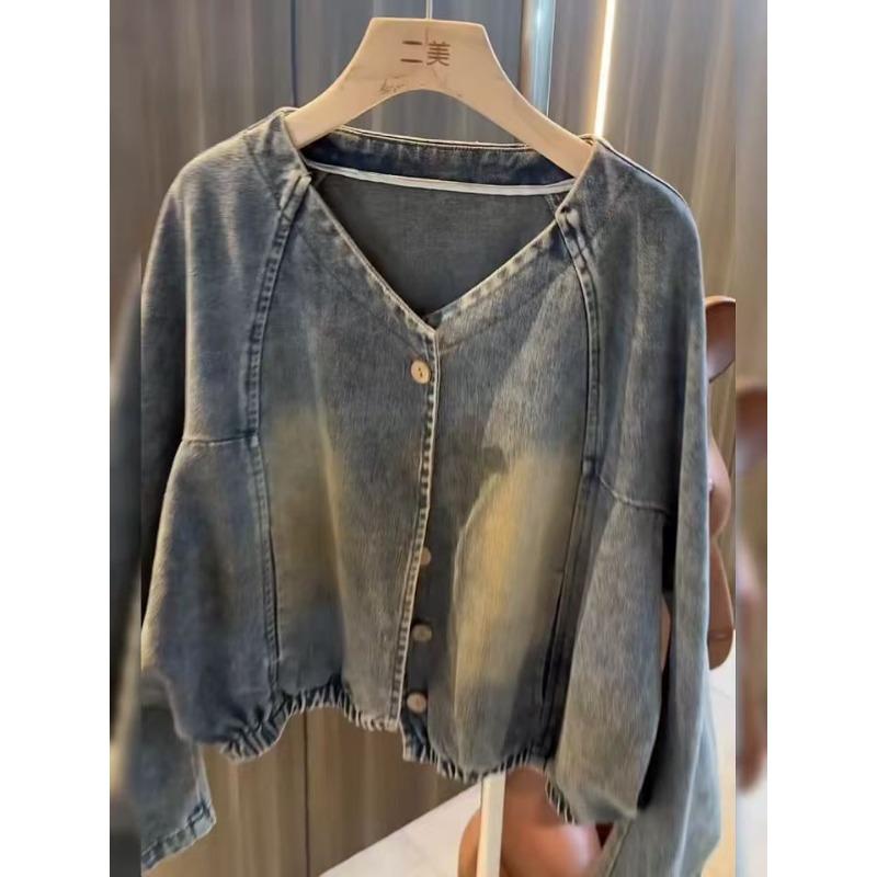 Premium Retro Small Short Denim Jacket Spring and Autumn Fashion Casual Jacket Top Vintage Raglan Sleeve Loose Layering Outerwear