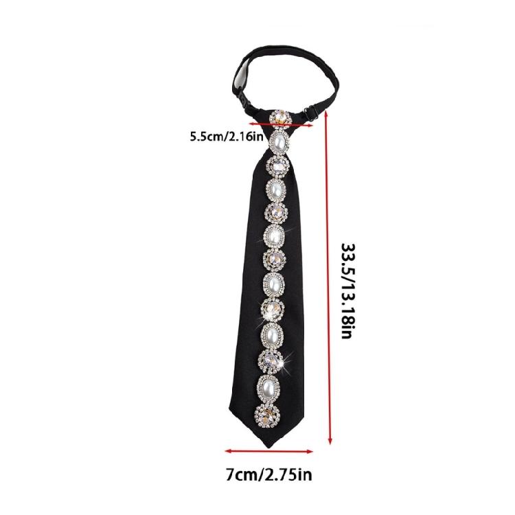 Rhinestones Pearls Embellished Black Necktie for Women Student Elegant Pre Tied Adjustable Tie for Uniform School Shirt