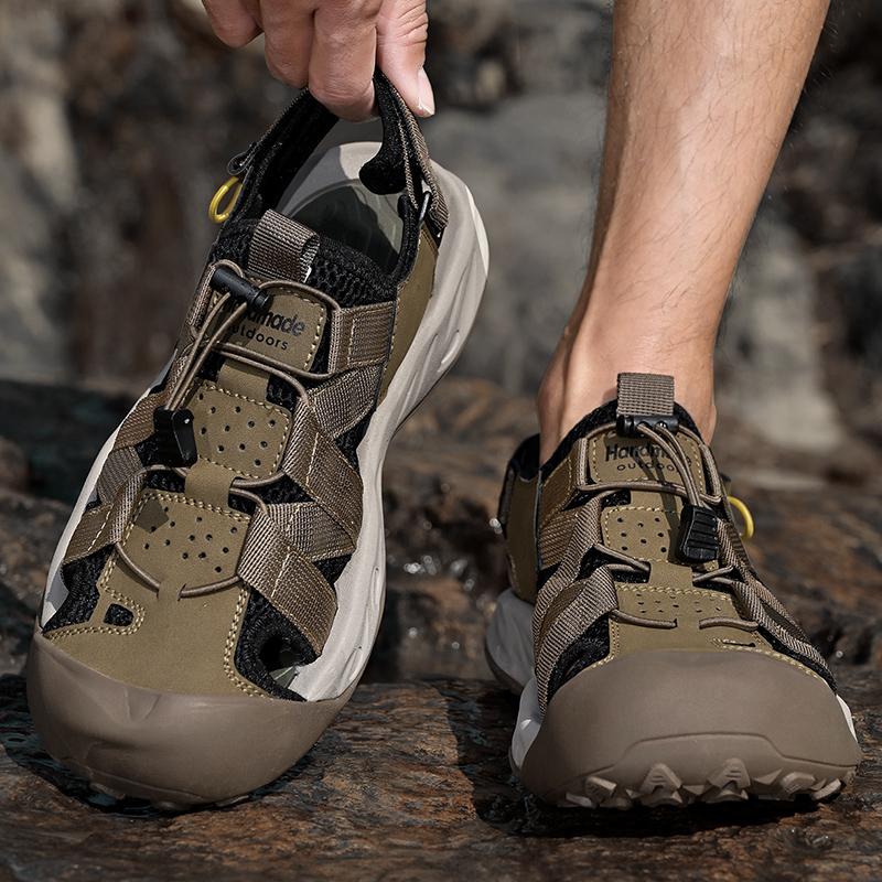 Letní pánské duté kožené plážové sandály s čepicí na špičku venkovní sportovní boty ručně vyráběné síťované boty