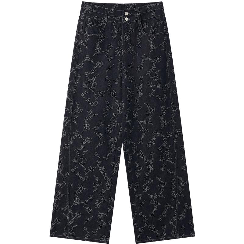 JUZUI Women's Retro Floral Jacquard Straight-Leg Jeans