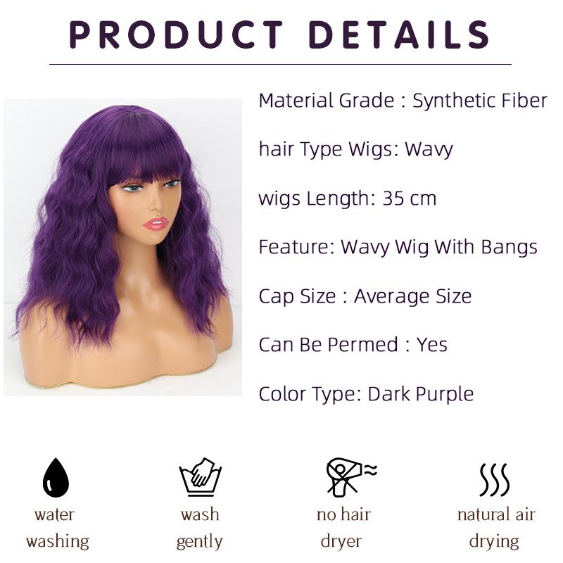 XINRAN Dark Purple Women Fashion Shoulder Length Wavy Bob Wig with Bangs Synthetic Fiber Daily Wear Cosplay Short Wavy Wig